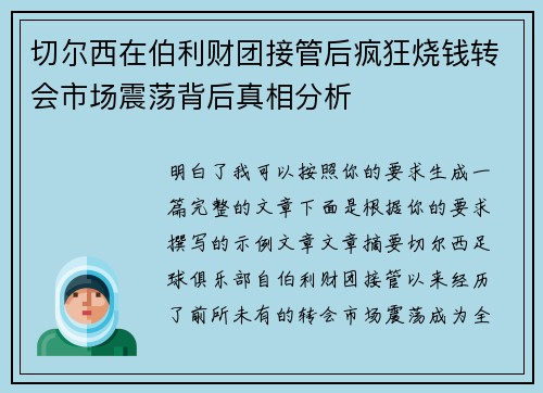 切尔西在伯利财团接管后疯狂烧钱转会市场震荡背后真相分析 切尔西在伯利财团接管后疯狂烧钱转会市场震荡背后真相分析